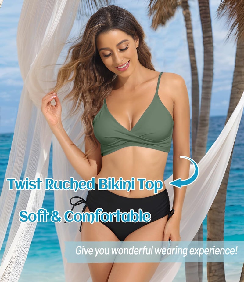 Balasami Women's Push Up Sexy V Neck Adjustable Twist Ruched Front Bikini Swimsuit Top Only Olive Green - Image 3